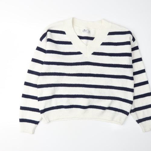 Hollister Women's White Striped V-Neck Jumper XS