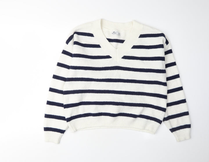 Hollister Women's White Striped V-Neck Jumper XS
