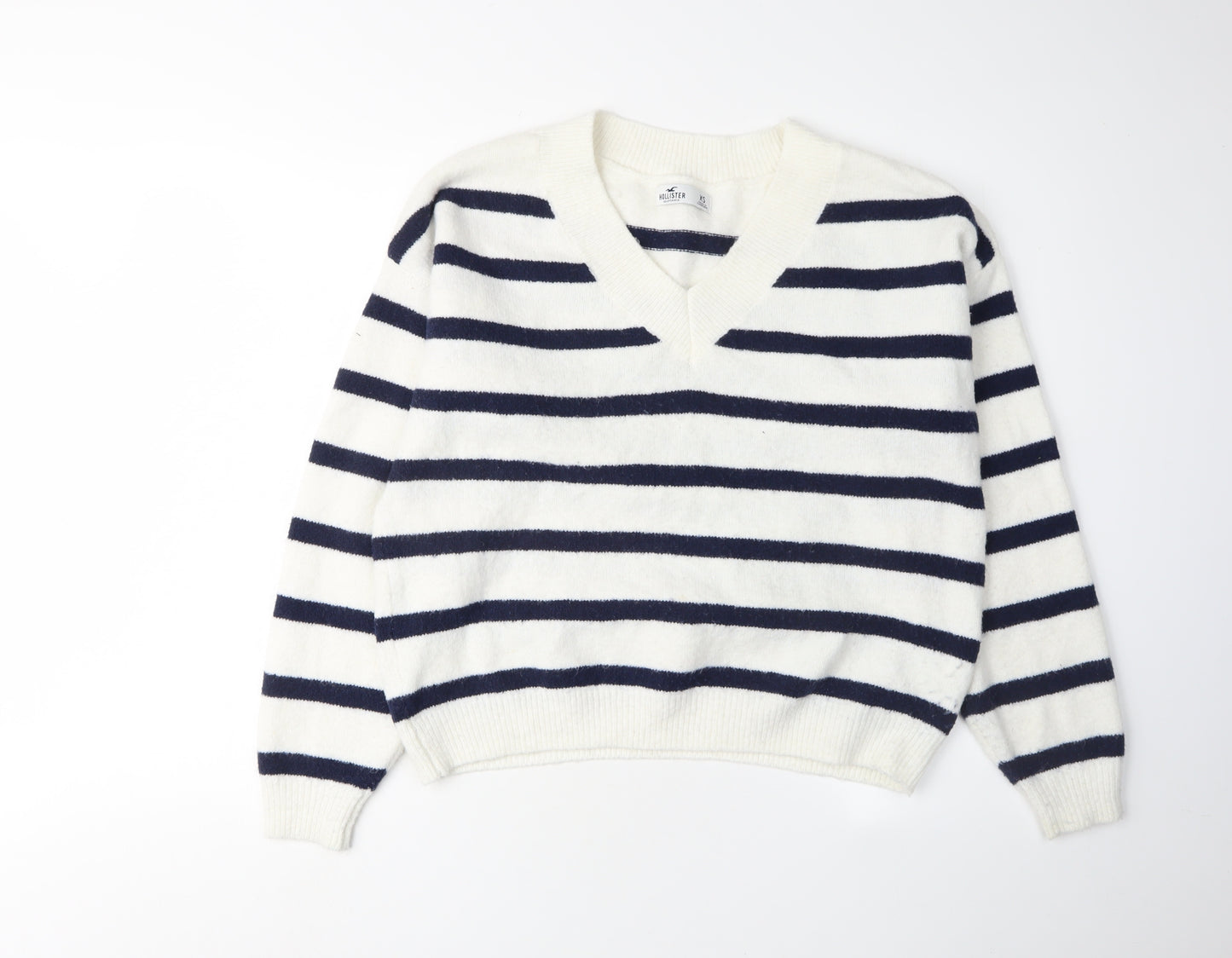 Hollister Women's White Striped V-Neck Jumper XS