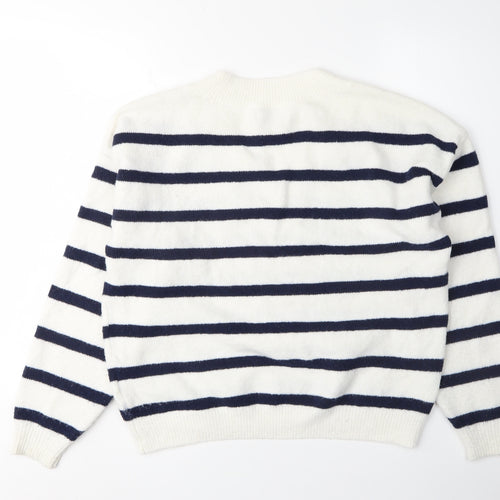 Hollister Women's White Striped V-Neck Jumper XS