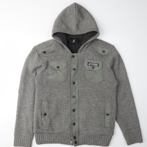 Kangol Men's Grey Hooded Cardigan, Size L, Acrylic
