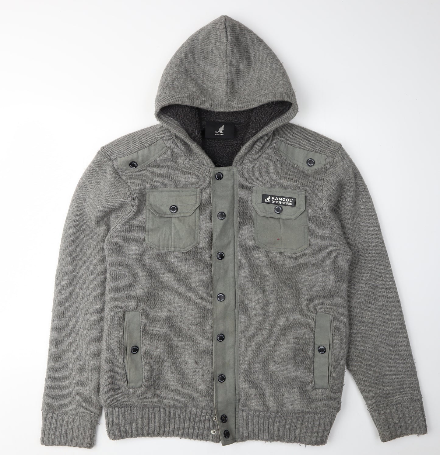 Kangol Men's Grey Hooded Cardigan, Size L, Acrylic