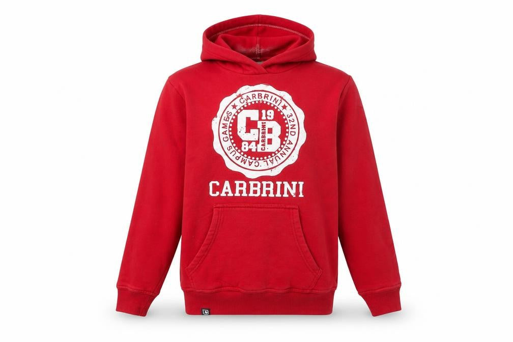 Front view of Carbrini boys’ red pullover hoodie, size 10-11, years