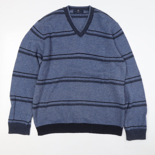 Marks and Spencer Men's Blue Striped V-Neck Jumper M