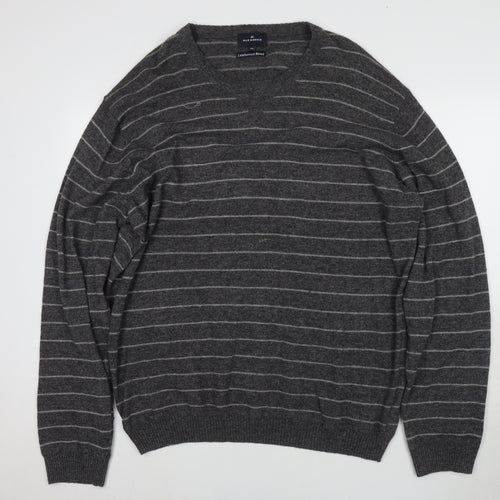 Marks and Spencer Men's Grey Striped V-Neck Jumper XL