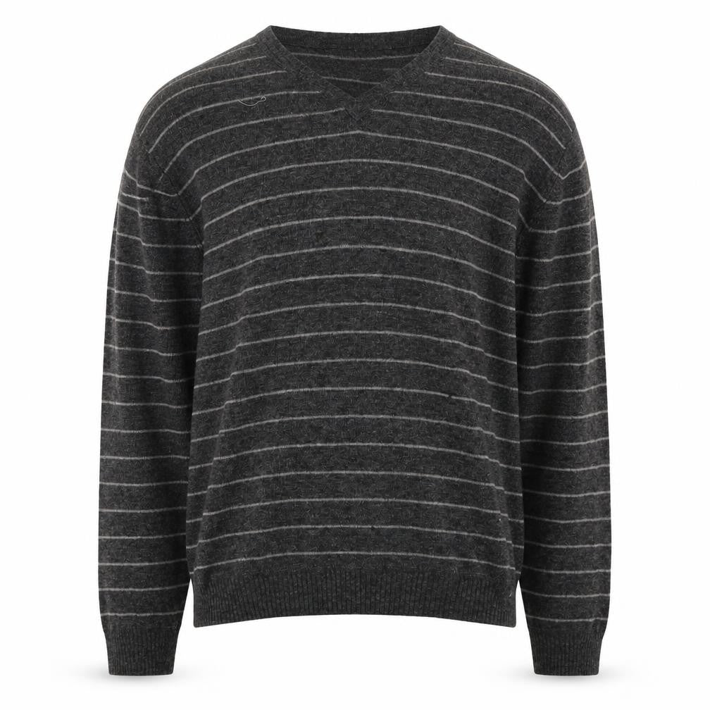 Front view of Marks & Spencer Men's Grey Striped V-Neck Jumper XL