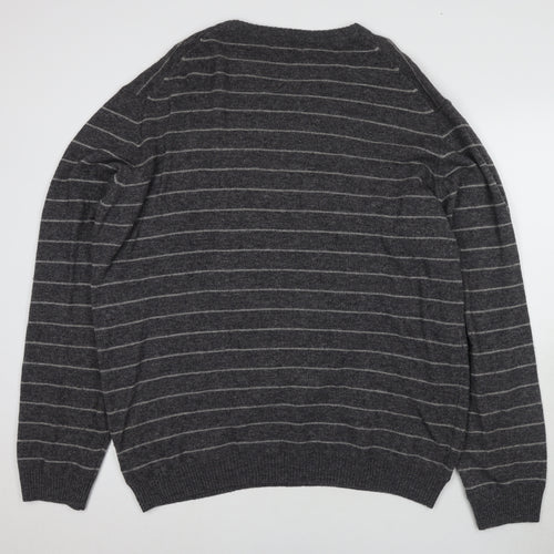 Marks and Spencer Men's Grey Striped V-Neck Jumper XL