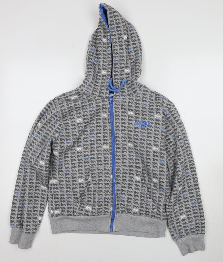 Lonsdale Unisex Grey Blue Full Zip Hoodie Size 12