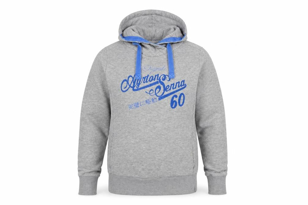 Front view of Ayrton Senna Men's Grey Pullover Hoodie, size S, Logo