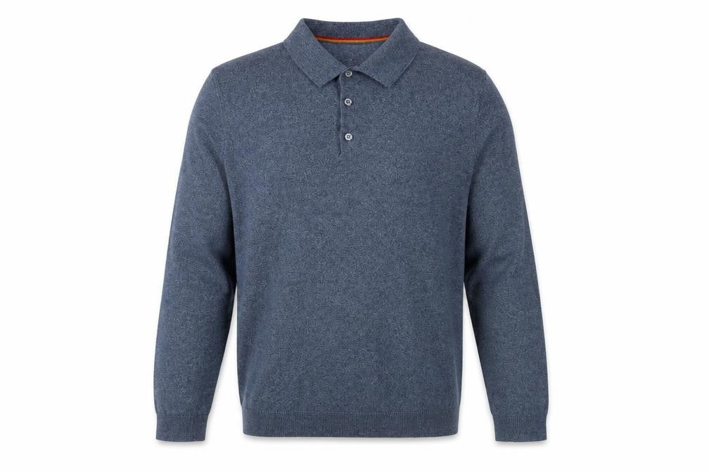 Front view of Next Men's Blue Long Sleeve Polo, size L, Cotton Blend