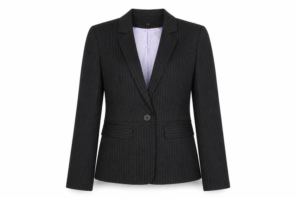 Front view of Warehouse Women's Black Pinstripe Jacket, size 10