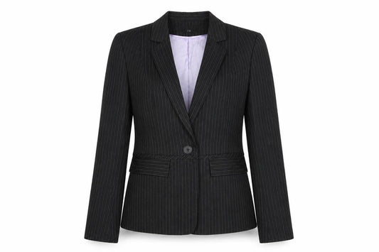 Front view of Warehouse Women's Black Pinstripe Jacket, size 10