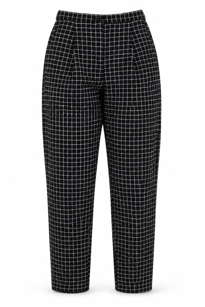 Front view of Monki Women's Black Check Straight Trousers, size 6