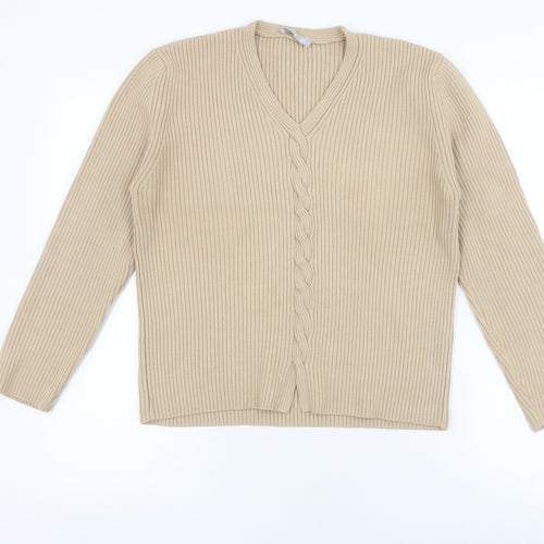 JFW Elegant Beige Womens Cardigan L V-Neck Merino Wool