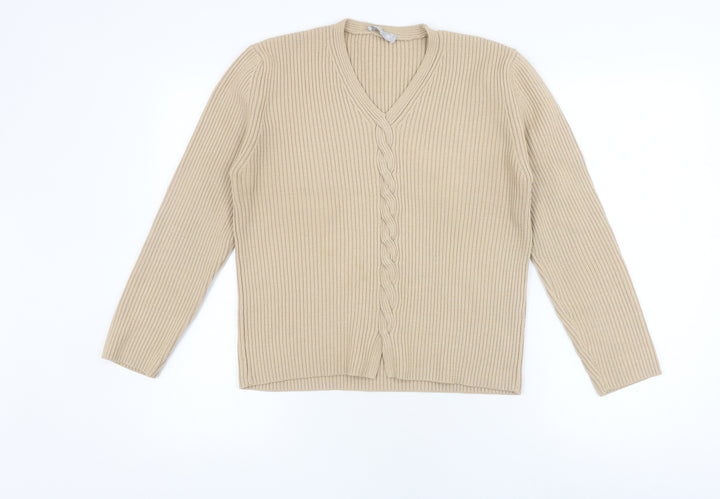 JFW Elegant Beige Womens Cardigan L V-Neck Merino Wool