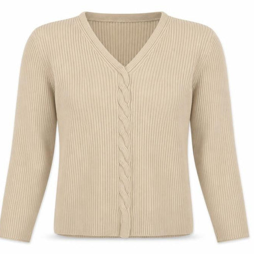 JFW Elegant Beige Womens Cardigan L V-Neck Merino Wool