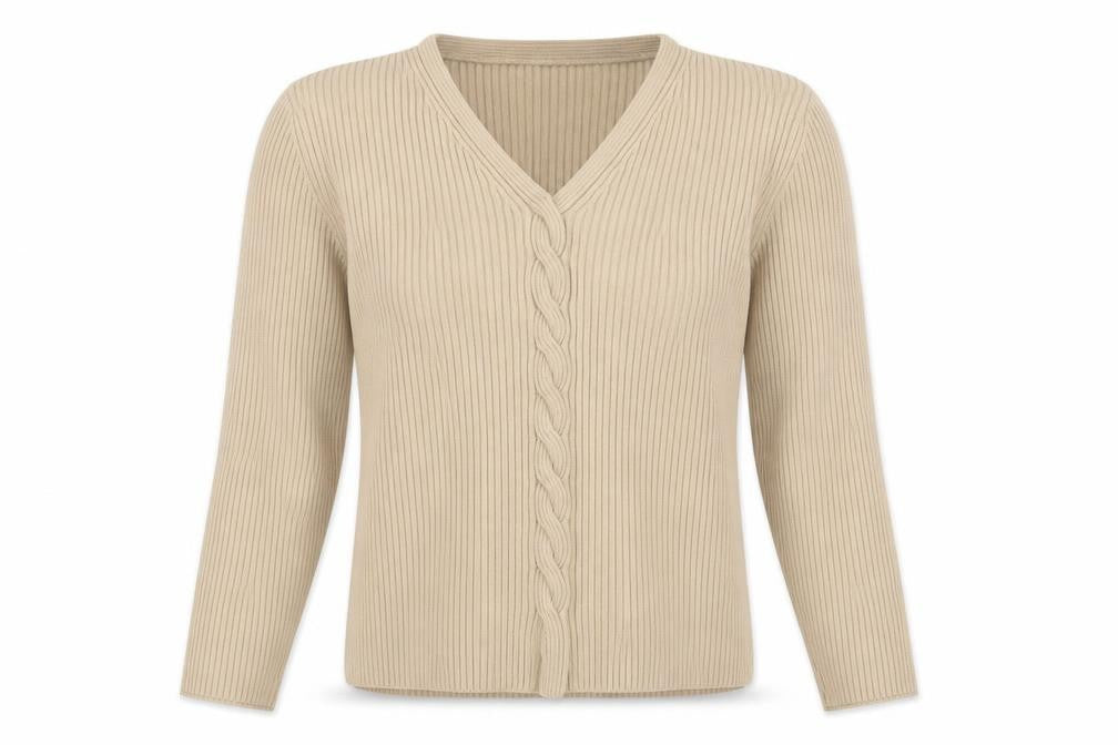 JFW Elegant Beige Womens Cardigan L V-Neck Merino Wool