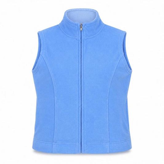 Front view of Isle Women's Blue Fleece Waistcoat, size 10-12, Full Zip