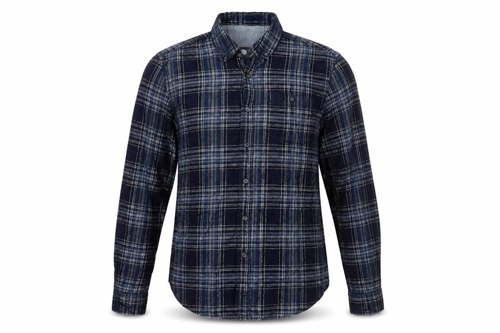 Front view of Copper & Oak Men's Blue Plaid Button-Up Shirt M