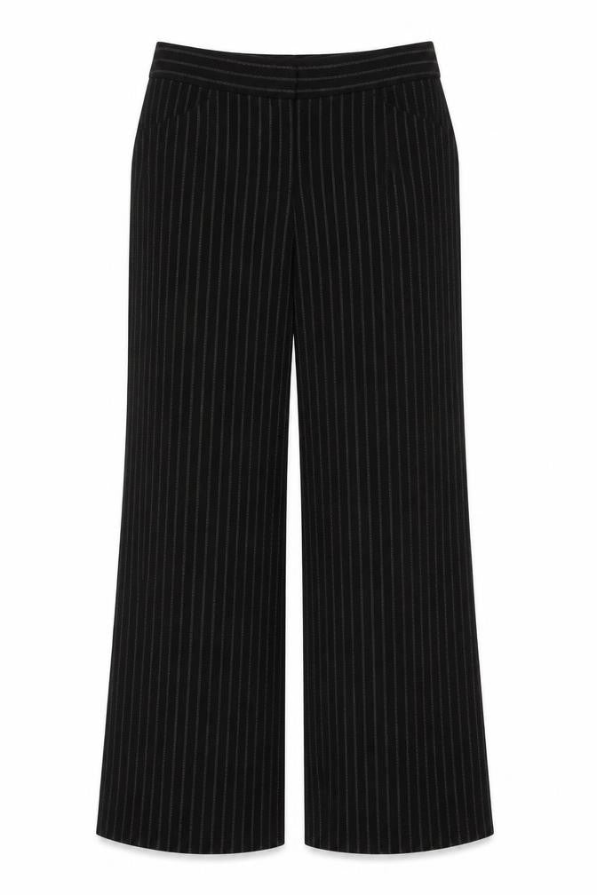 Front view of Studio M Women's Black Striped Wide-Leg Trousers, size 10