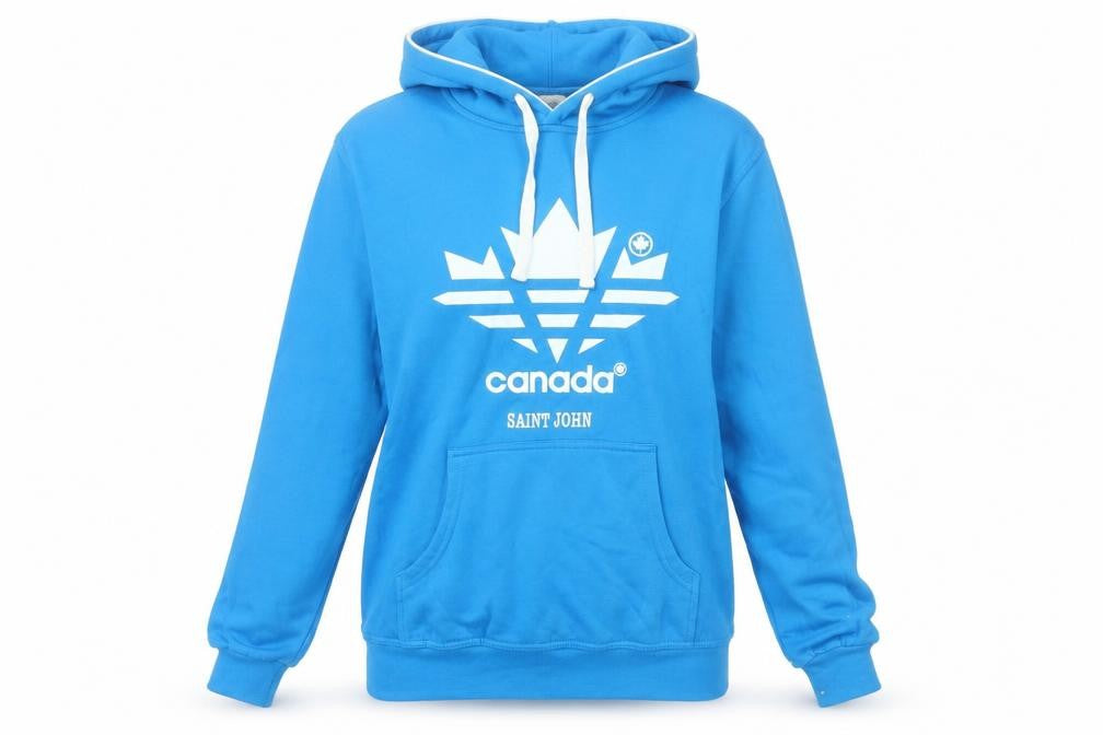 Front view of Ideal Blue unisex l pullover hoodie, logo, casual