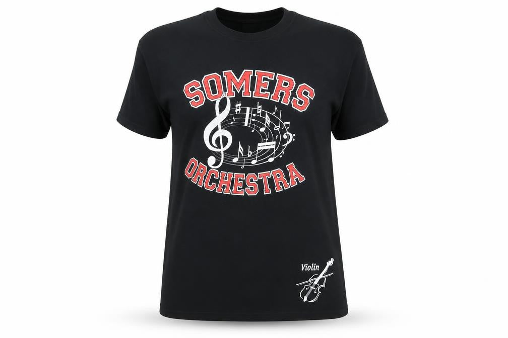Front view of Gildan Black Orchestra T-Shirt Medium Music Theme