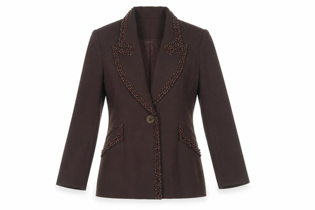 Front view of CHAMPAGNE Women's Brown Blazer, size 8, Formal