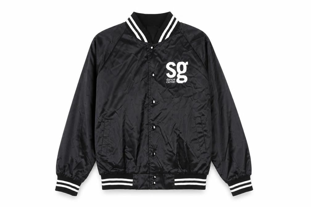 Front view of Augusta unisex black varsity jacket l nylon snap