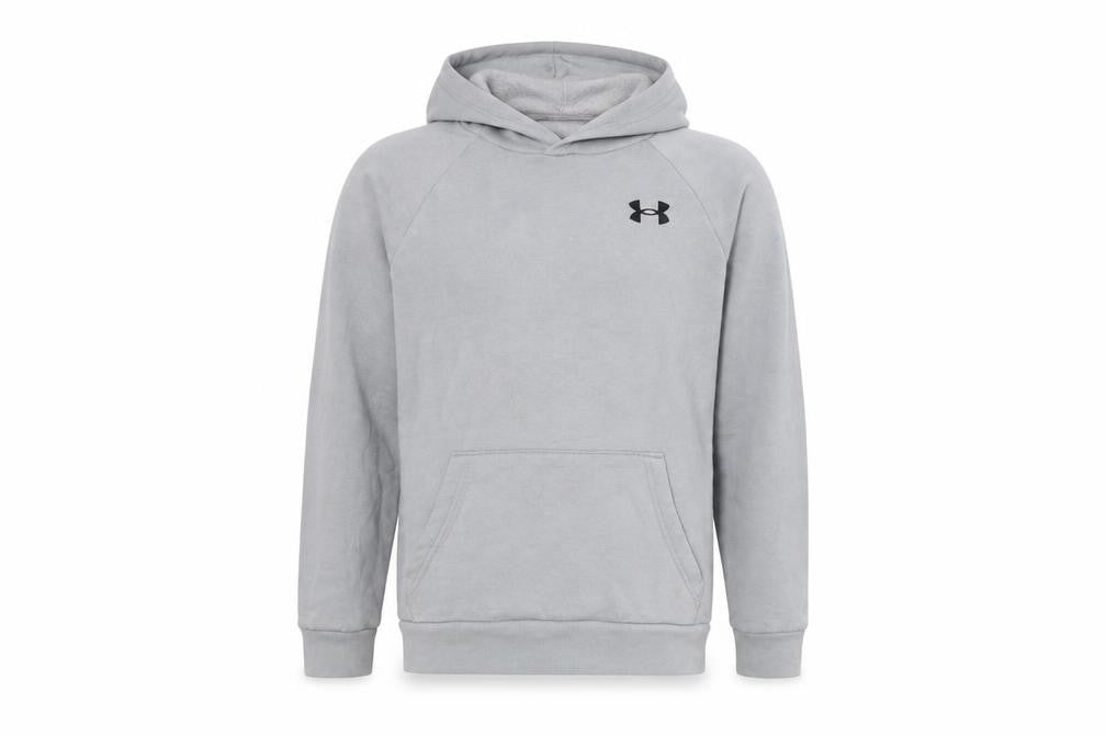 Front view of Under Armour boys’ grey pullover hoodie, size M, with logo