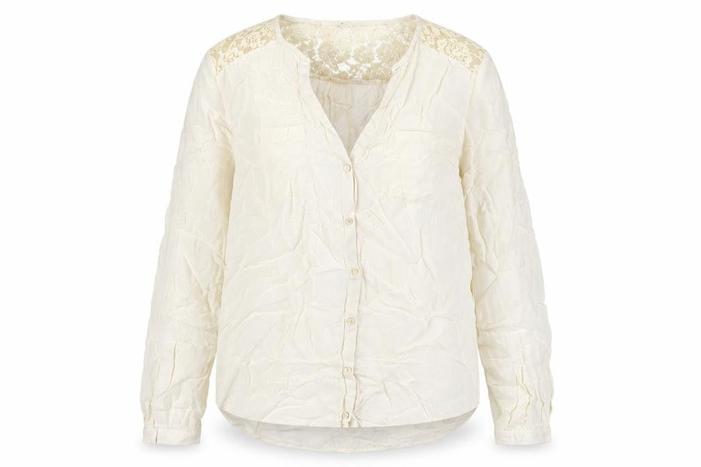 Front view of Monsoon Women's Ivory Lace V-Neck Blouse, size 8, Casual