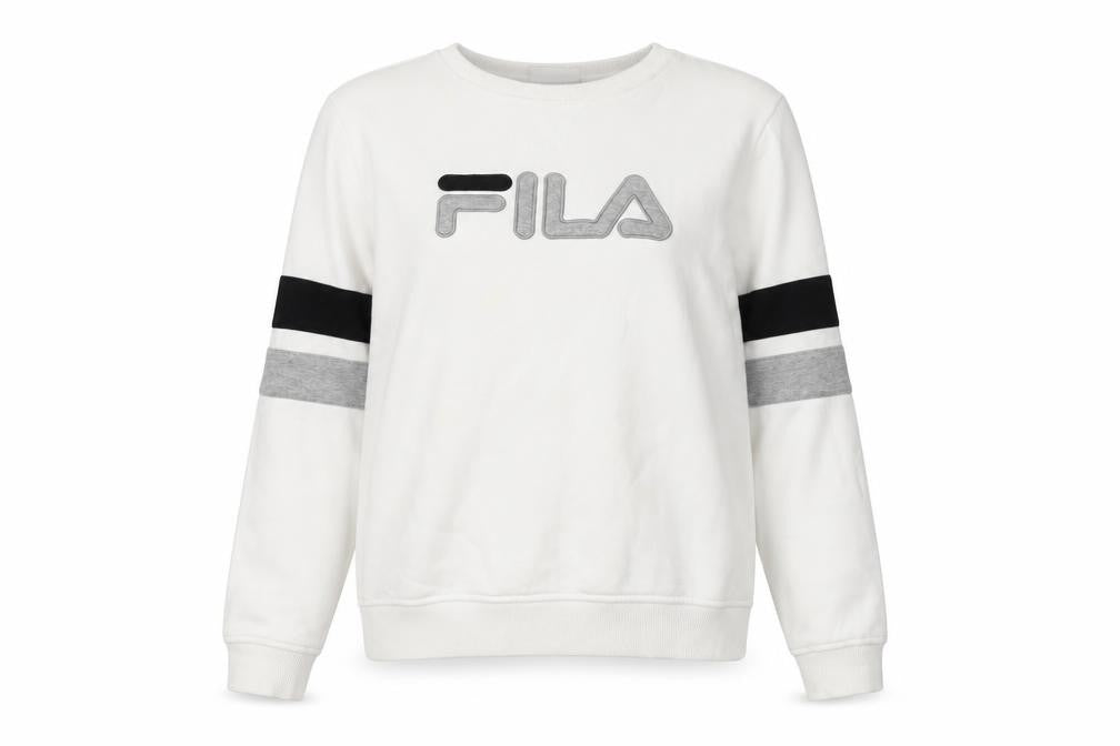 Front view of Fila unisex adults white pullover sweatshirt, size S