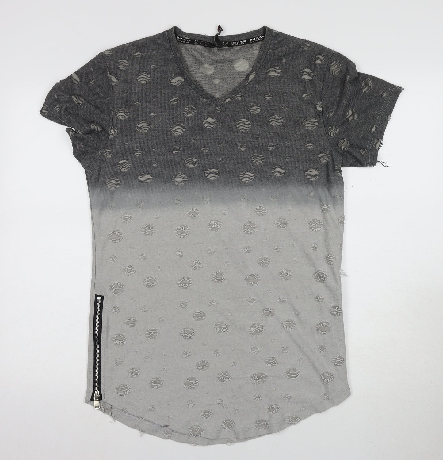 MJ Style Men's Grey Distressed V-Neck Tee M