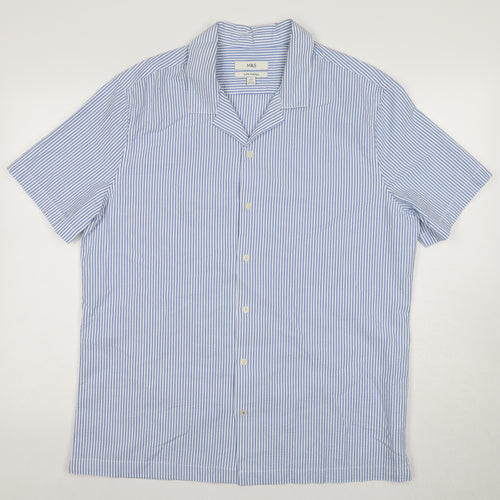 Marks and Spencer Men's Blue Striped Short Sleeve Shirt