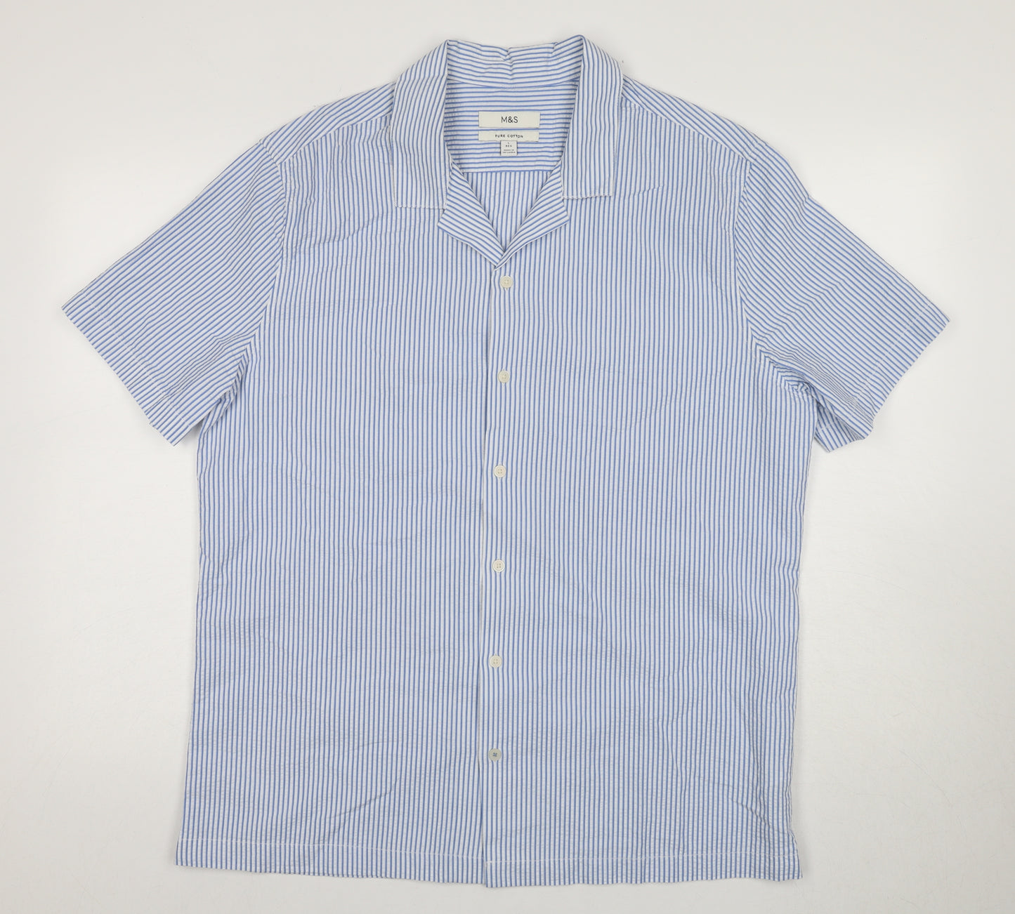 Marks and Spencer Men's Blue Striped Short Sleeve Shirt