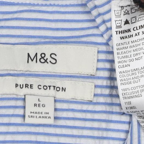 Marks and Spencer Men's Blue Striped Short Sleeve Shirt
