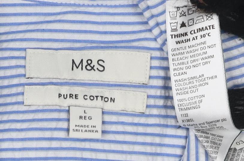 Marks and Spencer Men's Blue Striped Short Sleeve Shirt