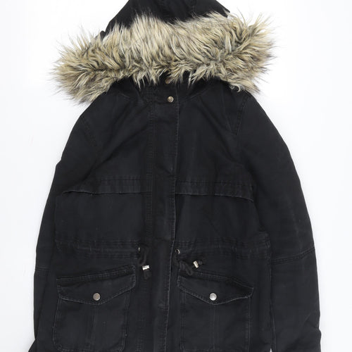 Divided Women's Black Parka Jacket - Size 12, Hooded, Fur Trim
