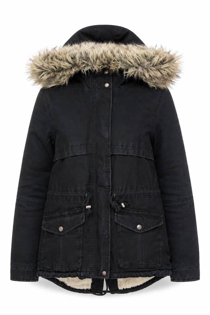 Front view of Divided Women's Black Parka Jacket -, size 12, Hooded, Fur Trim
