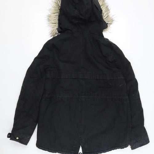 Divided Women's Black Parka Jacket - Size 12, Hooded, Fur Trim