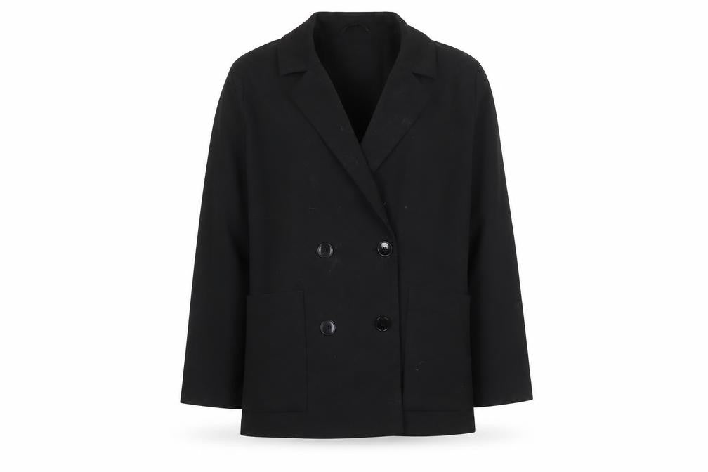 Front view of Monki Women's Black Double Breasted Coat, size S