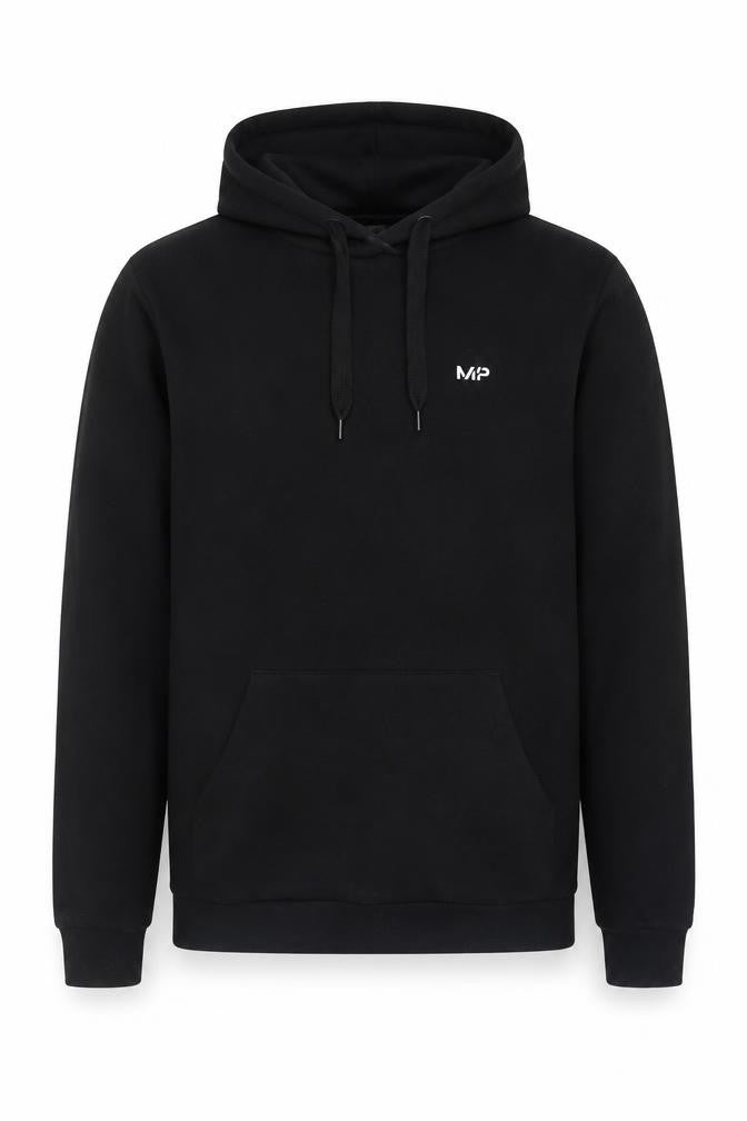 Front view of Myprotein Men's Black Pullover Hoodie, size M, with Logo