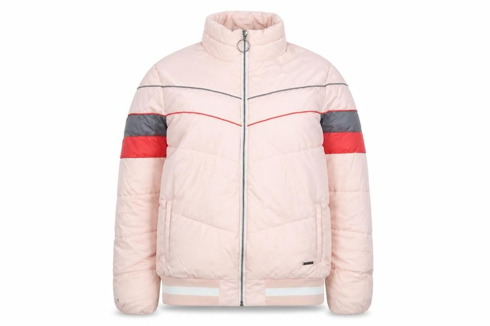 Front view of Peachy Betty Women's Pink Puffer Jacket, size S