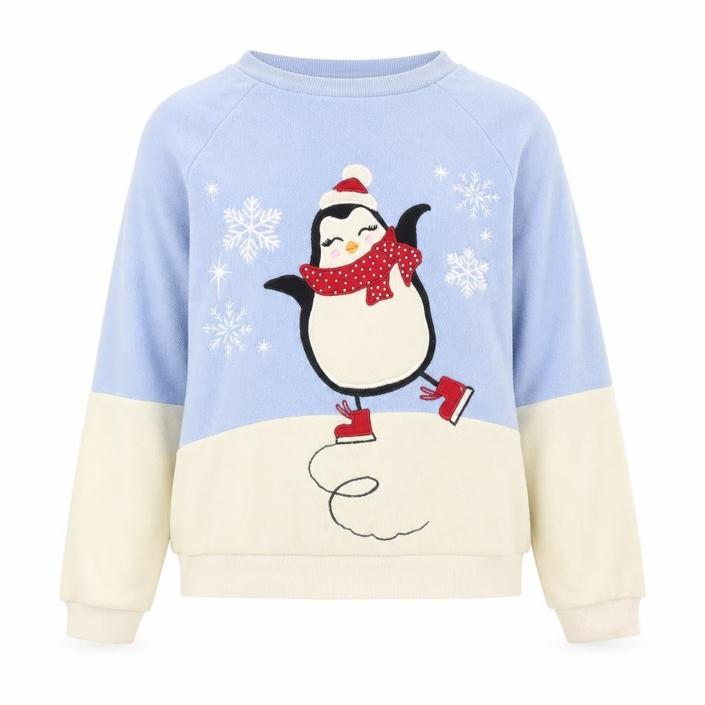 Front view of Joe Boxer Women's Blue Pullover Penguin Sweatshirt M