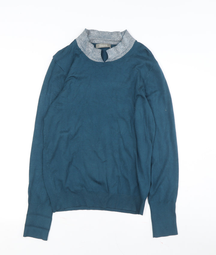 Oasis Women's Blue Mock Neck Pullover Jumper Medium