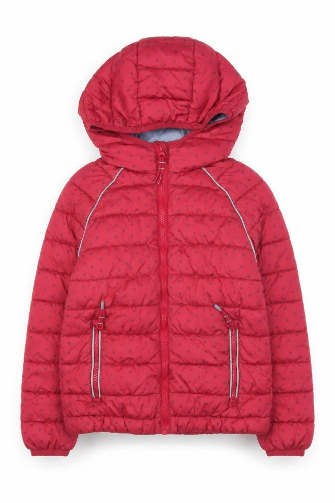 Front view of FatFace girls’ red polka dot puffer jacket 7-8 years