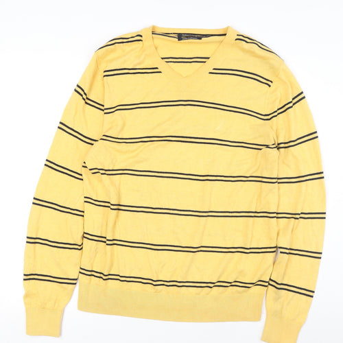 Nautica Men's Yellow V-Neck Striped Pullover Jumper M