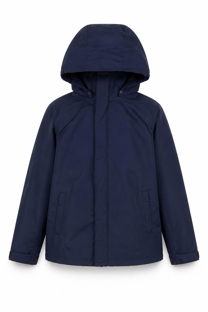 Front view of Mountain Warehouse boys’ blue hooded rain coat 9-10 years