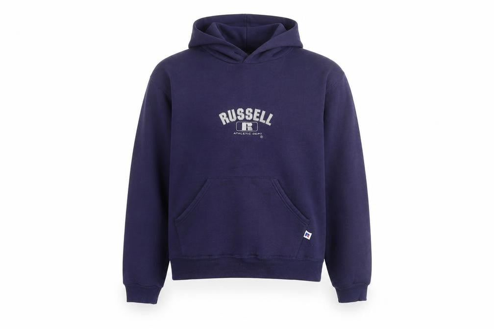 Front view of Russell Athletic boys’ blue xl pullover hoodie with logo