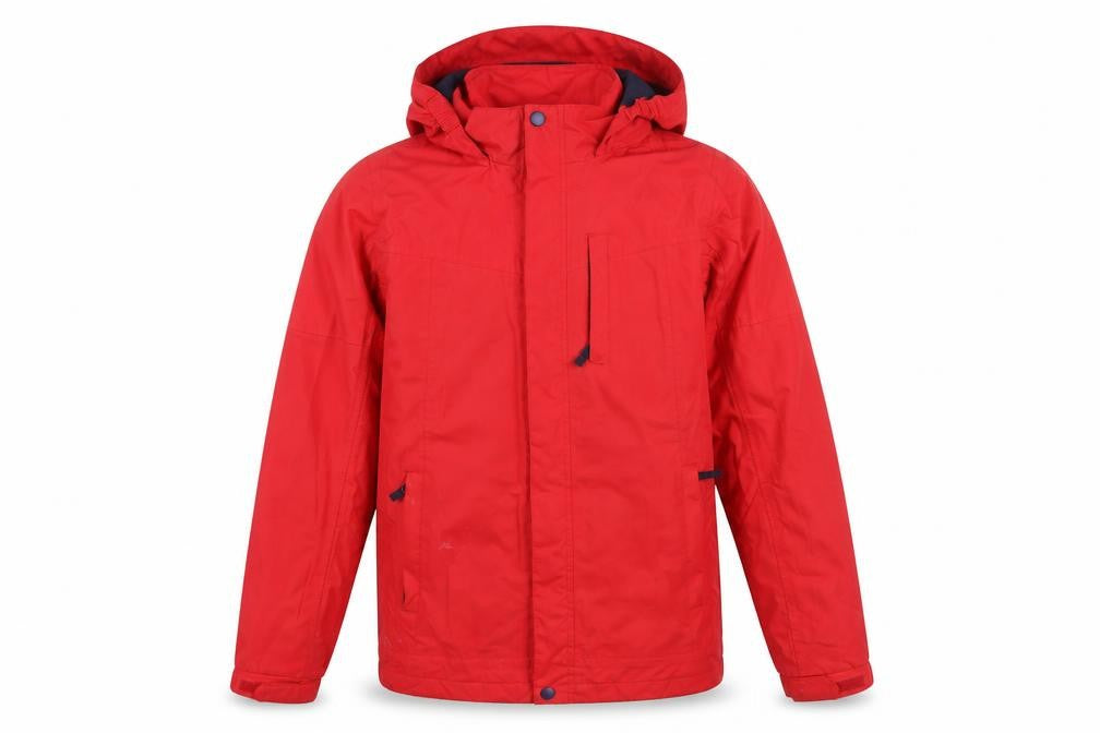 Front view of Peter Storm boys’ red parka jacket, size 13, hooded waterproof