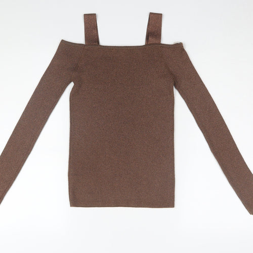 Marks and Spencer Women's Brown Knit Off-Shoulder Top
